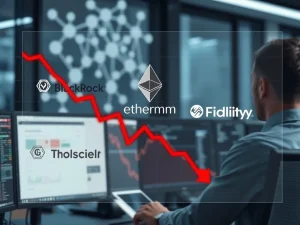 Ethereum ETF outflows shown on financial dashboard with major fund logos amid declining market sentiment.
