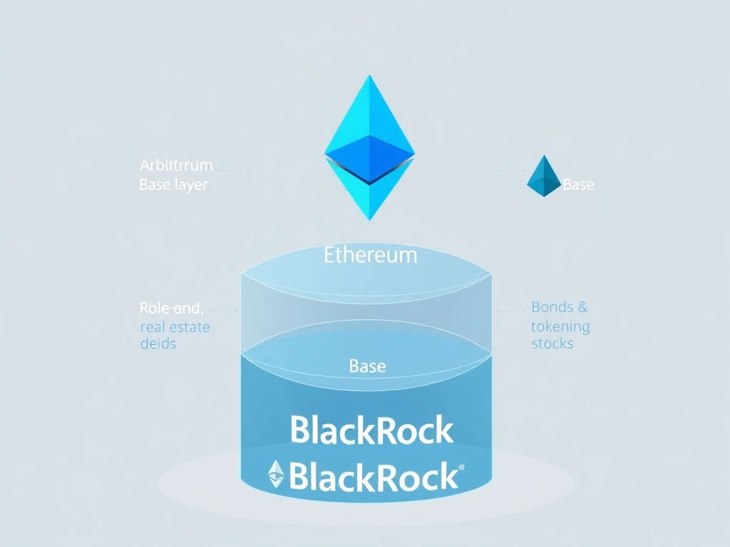 Diagram showing Ethereum as tokenization infrastructure with rollup layers and asset flows, illustrating BlackRock's analysis.