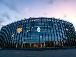 European Commission building with digital crypto symbols representing the new EU tax rules enforcement