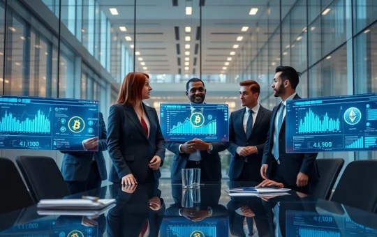 Fortune 500 executives analyzing cryptocurrency adoption strategies and blockchain data in corporate setting