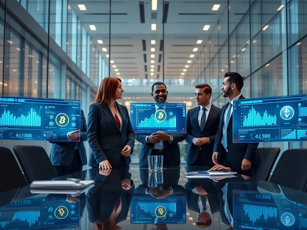 Fortune 500 executives analyzing cryptocurrency adoption strategies and blockchain data in corporate setting