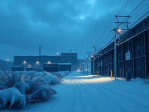 Bitcoin mining facility during a severe winter storm as Foundry USA hashrate drops 60% due to power outages.
