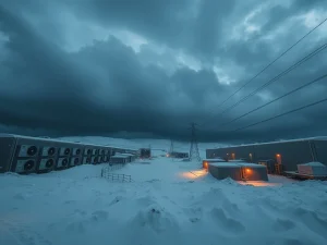 Bitcoin mining facility during a winter storm as Foundry USA curtails hashrate to stabilize the power grid.