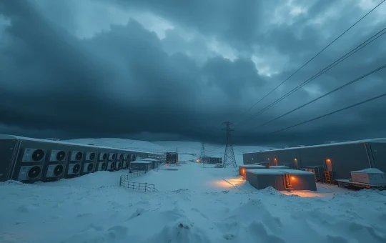 Bitcoin mining facility during a winter storm as Foundry USA curtails hashrate to stabilize the power grid.
