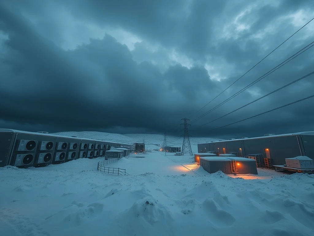 Bitcoin mining facility during a winter storm as Foundry USA curtails hashrate to stabilize the power grid.