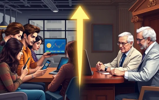 Illustration of the generational divide in financial trust between young adults using crypto and older adults in a traditional bank.
