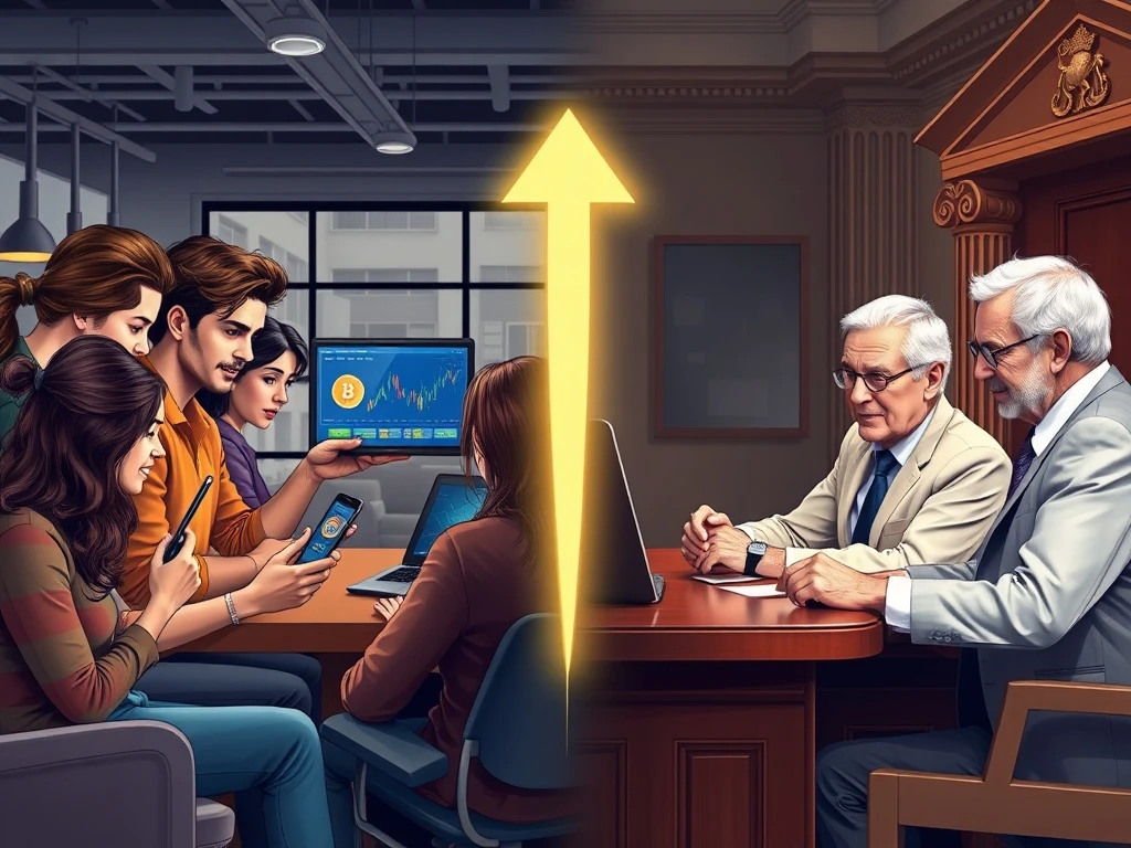 Illustration of the generational divide in financial trust between young adults using crypto and older adults in a traditional bank.