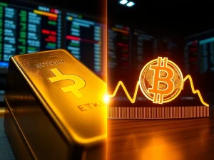 Gold bar and Bitcoin symbol representing the shifting hedge against a weakening US dollar.