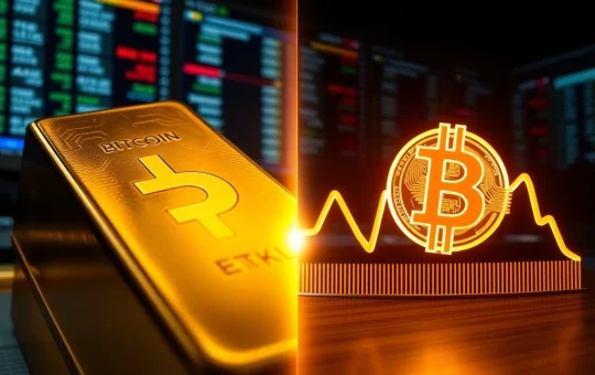 Gold bar and Bitcoin symbol representing the shifting hedge against a weakening US dollar.