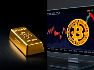 Gold hits record high over $5000 while Bitcoin price falls, showing a major divergence between assets.