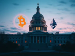 U.S. Capitol with cryptocurrency symbols representing SEC lawsuit against Tron founder Justin Sun