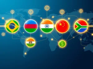 Interconnected BRICS digital currencies facilitating international trade and payments between member nations.