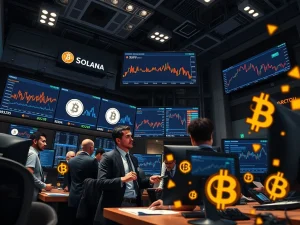 Wall Street professionals analyzing institutional crypto adoption data and digital asset market trends