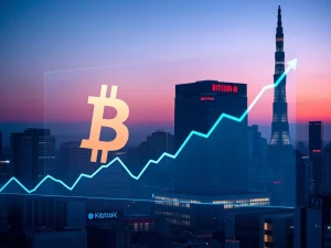 Tokyo skyline with the Tokyo Stock Exchange and a holographic Bitcoin chart, representing Japan's expected spot crypto ETF approval.