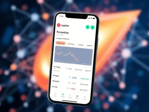 Jupiter Mobile app interface showcasing new native perpetual trading features for Solana DeFi users.