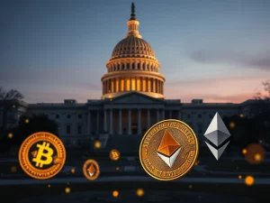 US Capitol building with cryptocurrency symbols representing Justin Sun SEC enforcement case controversy