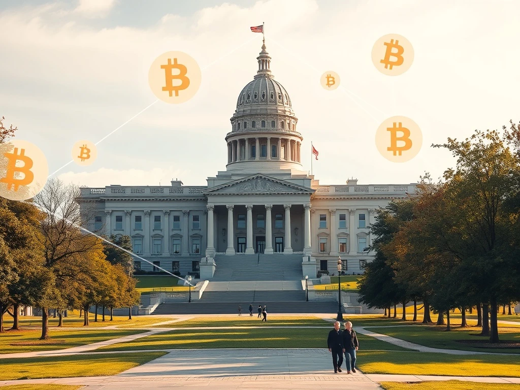 Kansas State Capitol with digital Bitcoin elements representing the proposed state-managed cryptocurrency reserve legislation