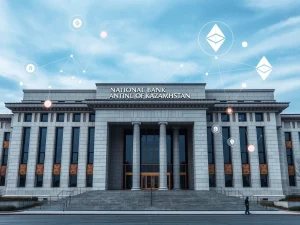 National Bank of Kazakhstan building regulating central bank-approved cryptocurrency trading and digital assets.