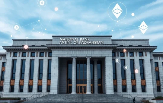 National Bank of Kazakhstan building regulating central bank-approved cryptocurrency trading and digital assets.