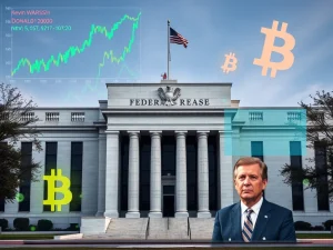 Federal Reserve building with cryptocurrency market charts overlay representing the impact of the Kevin Warsh nomination.