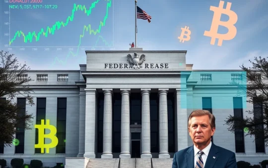 Federal Reserve building with cryptocurrency market charts overlay representing the impact of the Kevin Warsh nomination.