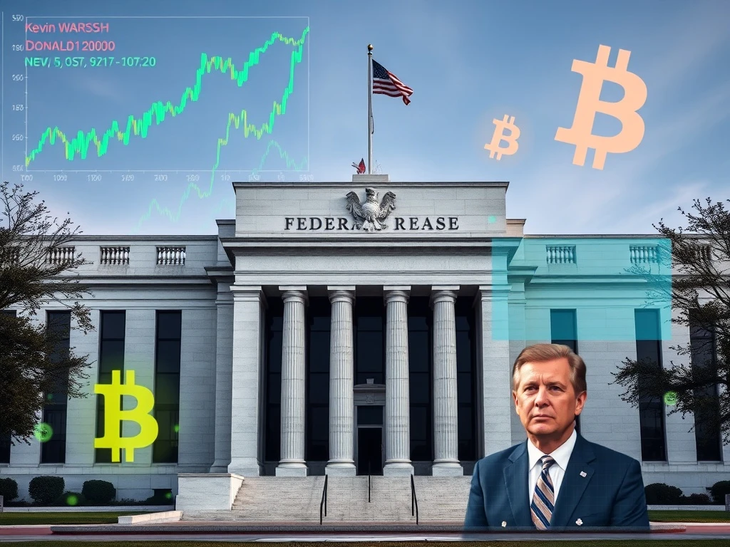 Federal Reserve building with cryptocurrency market charts overlay representing the impact of the Kevin Warsh nomination.