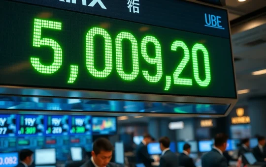 Historic moment as the KOSPI index surpasses 5,000 points on the Korea Exchange trading board.