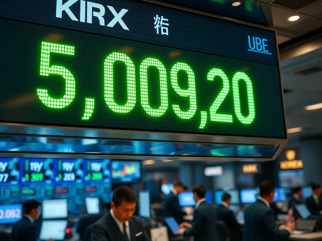 Historic moment as the KOSPI index surpasses 5,000 points on the Korea Exchange trading board.