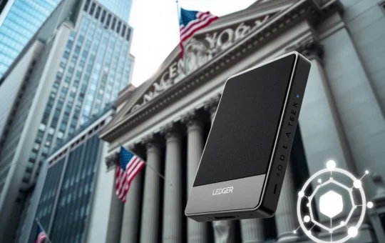 Ledger hardware wallet with New York Stock Exchange background representing crypto security company IPO