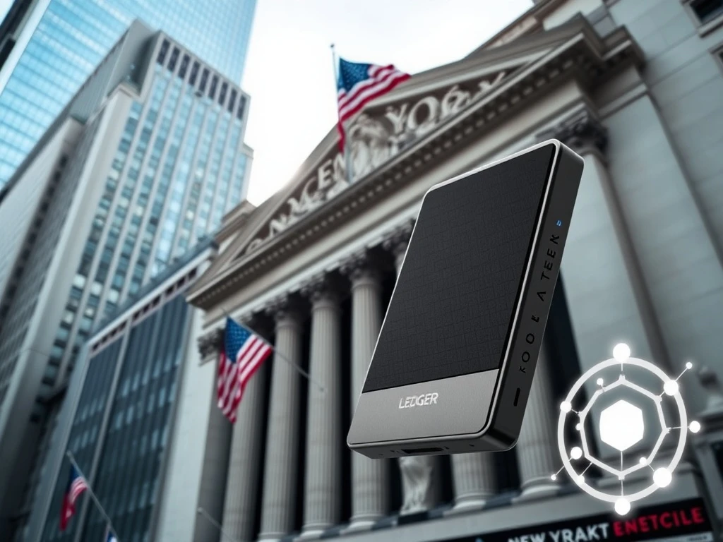 Ledger hardware wallet with New York Stock Exchange background representing crypto security company IPO