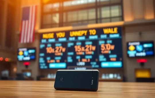 Ledger hardware wallet in front of NYSE floor representing the company's potential public listing and $4B valuation.