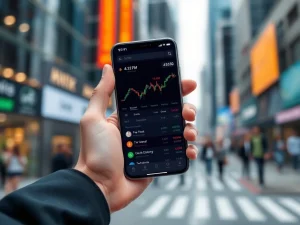 Lighter mobile trading app interface showing cryptocurrency and real-world asset markets on a smartphone.