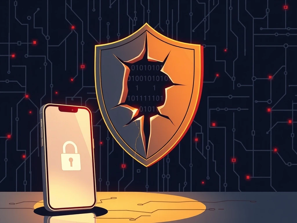 Illustration of a cybersecurity data breach exposing millions of login credentials and cryptocurrency accounts.