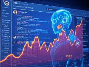 MOLT memecoin price surge driven by the AI social network Moltbook's popularity on the Base blockchain.