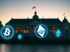 Dutch Parliament building with digital crypto symbols representing proposed Netherlands unrealized gains tax legislation