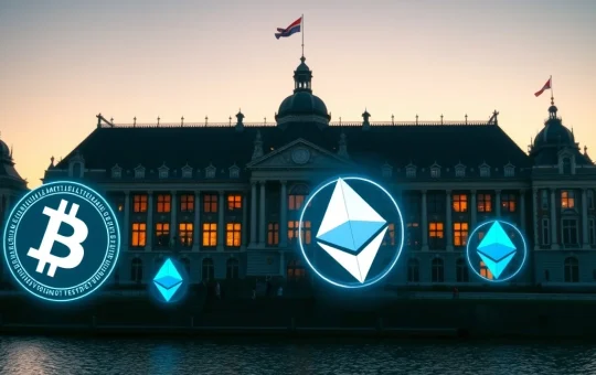 Dutch Parliament building with digital crypto symbols representing proposed Netherlands unrealized gains tax legislation