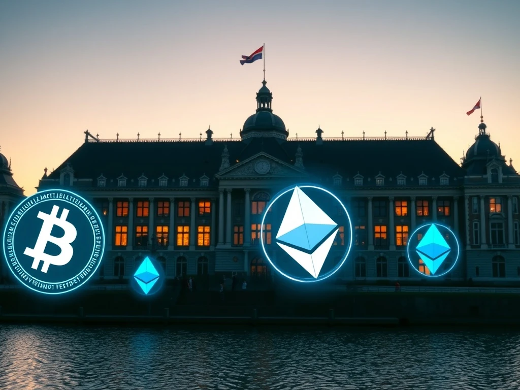 Dutch Parliament building with digital crypto symbols representing proposed Netherlands unrealized gains tax legislation
