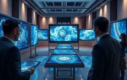 Wealthy collectors engaging with NFT digital art displays in modern gallery setting