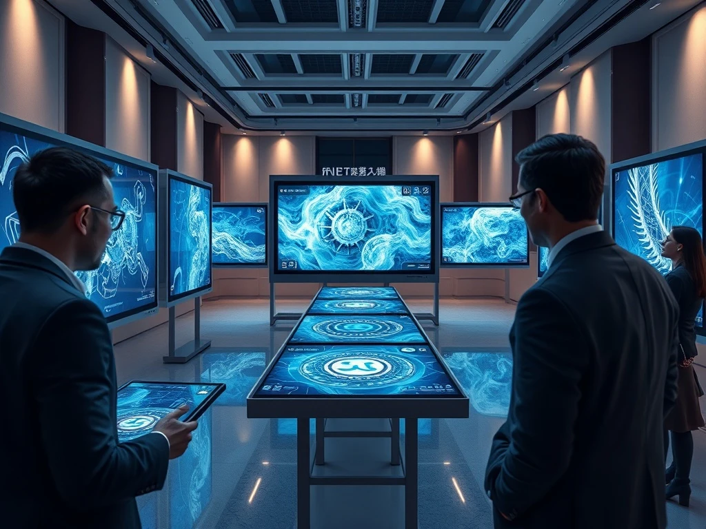 Wealthy collectors engaging with NFT digital art displays in modern gallery setting