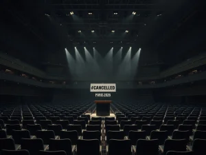 Empty NFT Paris conference hall symbolizes 2026 market sponsorship pressure and shifting priorities