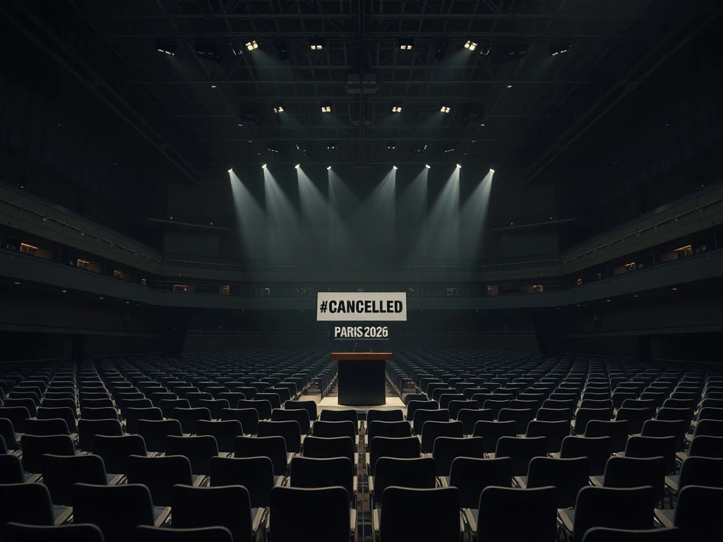 Empty NFT Paris conference hall symbolizes 2026 market sponsorship pressure and shifting priorities