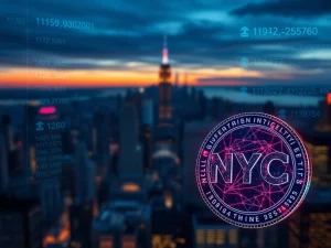 Investigation into the NYC token rug pull allegations and Eric Adams' denial, featuring blockchain data over New York City.
