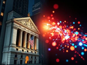 NYSE building with digital blockchain tokens representing the new 24/7 on-chain trading platform.