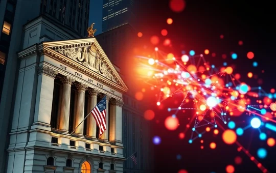 NYSE building with digital blockchain tokens representing the new 24/7 on-chain trading platform.