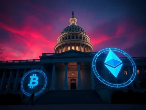 U.S. Capitol with cryptocurrency symbols representing the proposed presidential crypto ban in the CLARITY Act.