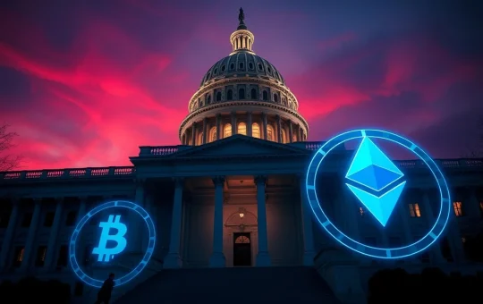 U.S. Capitol with cryptocurrency symbols representing the proposed presidential crypto ban in the CLARITY Act.