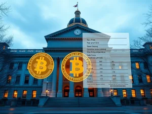 Rhode Island State House with Bitcoin tax exemption legislation visual representation