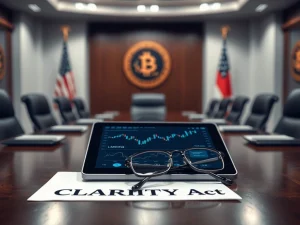 Ripple CEO Brad Garlinghouse advocates for the CLARITY Act crypto regulation bill on a tablet.