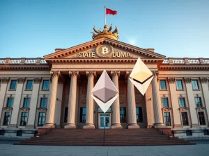 Russian State Duma building with cryptocurrency symbols representing new retail investment legislation