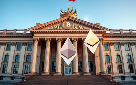 Russian State Duma building with cryptocurrency symbols representing new retail investment legislation